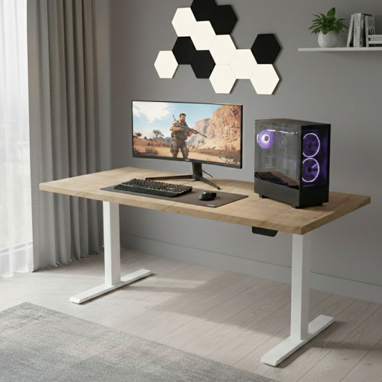 UVI LITE V2 electric sit-stand Chalet Oak desk and white frame