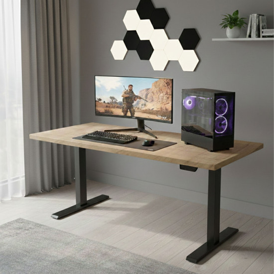 UVI LITE V2 electric sit-stand Chalet Oak desk and black frame