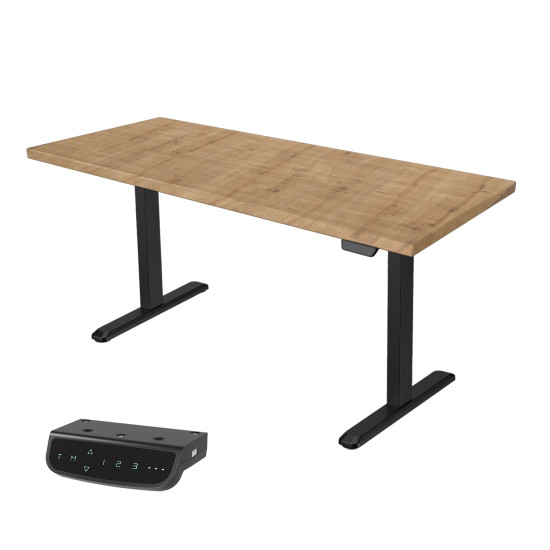 UVI STANDARD V2 electric sit-stand desk with KAINDL Chalet Oak tabletop and black metal frame, front view