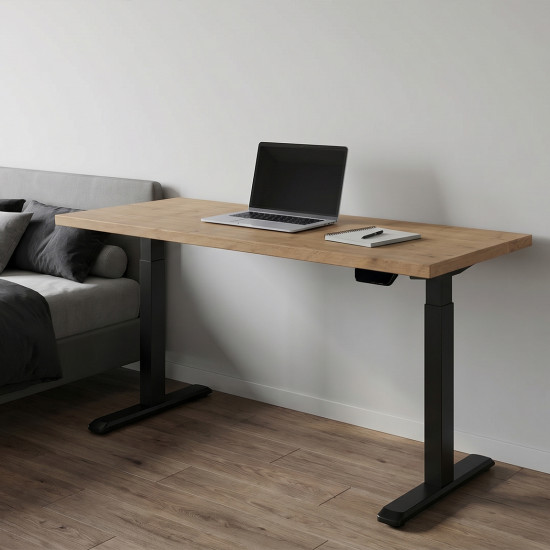 UVI STANDARD V2 electric sit-stand desk with KAINDL Chalet Oak tabletop and black metal frame, front view