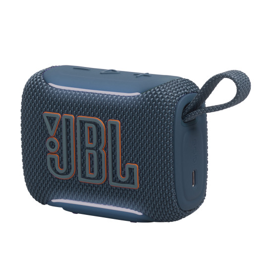 JBL Go 5 portable Bluetooth speaker in blue with ambient lighting, compact design and IP68 waterproof rating