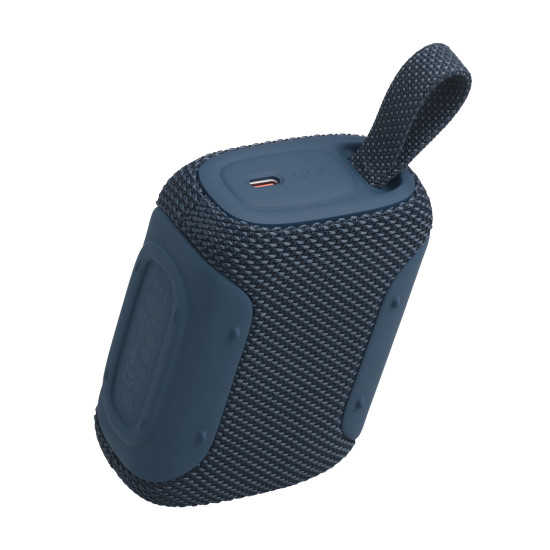 JBL Go 5 portable Bluetooth speaker in blue with ambient lighting, compact design and IP68 waterproof rating