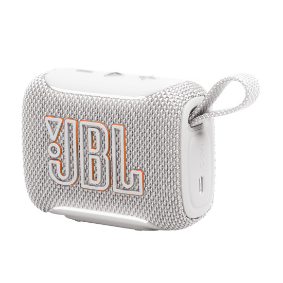 JBL Go 5 portable Bluetooth speaker in white, compact square design with textured grille and carry loop