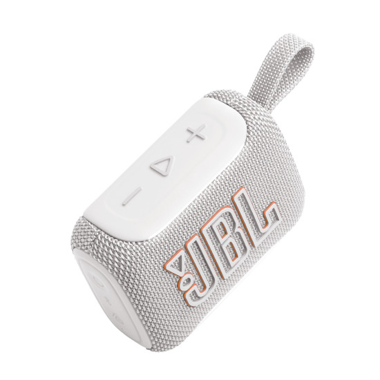 JBL Go 5 portable Bluetooth speaker in white, compact square design with textured grille and carry loop