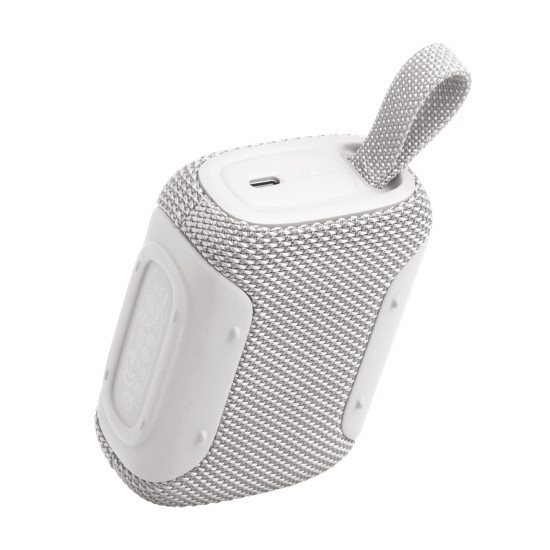 JBL Go 5 portable Bluetooth speaker in white, compact square design with textured grille and carry loop