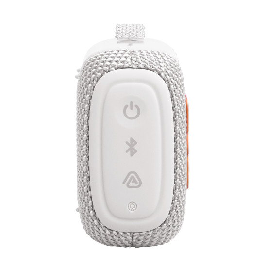 JBL Go 5 portable Bluetooth speaker in white, compact square design with textured grille and carry loop