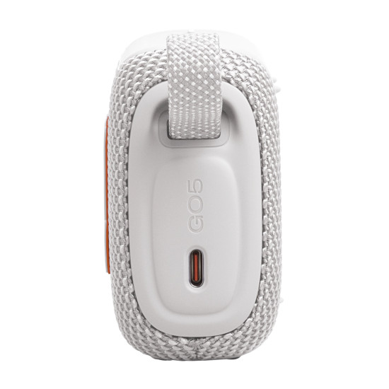 JBL Go 5 portable Bluetooth speaker in white, compact square design with textured grille and carry loop
