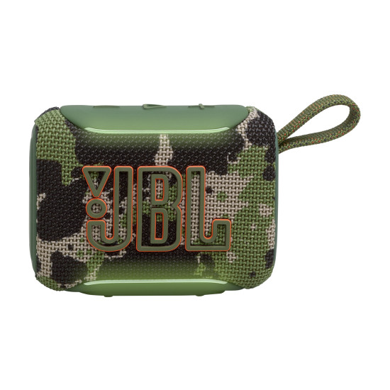 JBL Go 5 Bluetooth Speaker in Squad colour with ambient lighting, compact rugged design, front and side view
