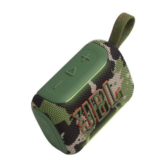 JBL Go 5 Bluetooth Speaker in Squad colour with ambient lighting, compact rugged design, front and side view