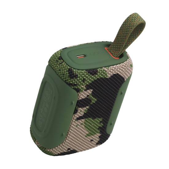 JBL Go 5 Bluetooth Speaker in Squad colour with ambient lighting, compact rugged design, front and side view