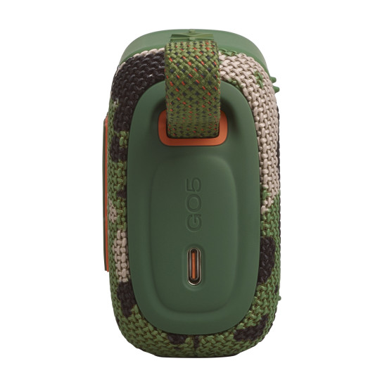 JBL Go 5 Bluetooth Speaker in Squad colour with ambient lighting, compact rugged design, front and side view