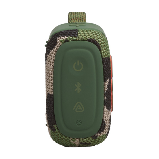 JBL Go 5 Bluetooth Speaker in Squad colour with ambient lighting, compact rugged design, front and side view