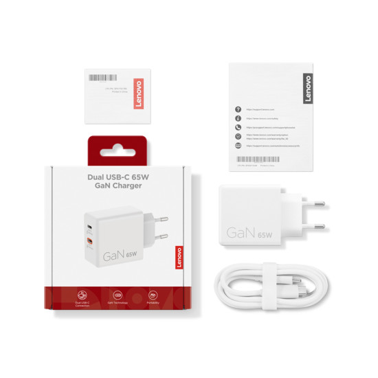 Lenovo Dual USB-C 65W GaN Charger in compact white housing with two USB-C ports and included 1.5m USB-C cable