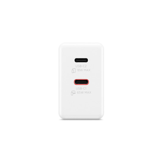 Lenovo Dual USB-C 65W GaN Charger in compact white housing with two USB-C ports and included 1.5m USB-C cable