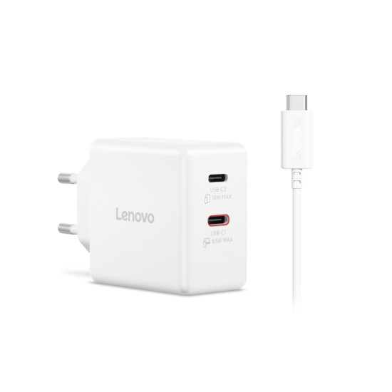 Lenovo Dual USB-C 65W GaN Charger in compact white housing with two USB-C ports and included 1.5m USB-C cable