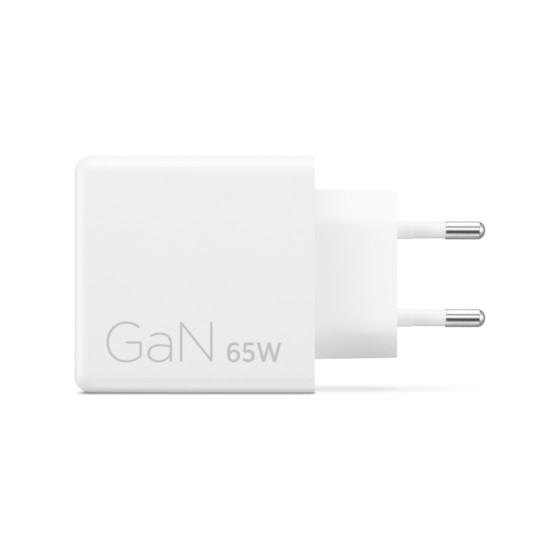 Lenovo Dual USB-C 65W GaN Charger in compact white housing with two USB-C ports and included 1.5m USB-C cable