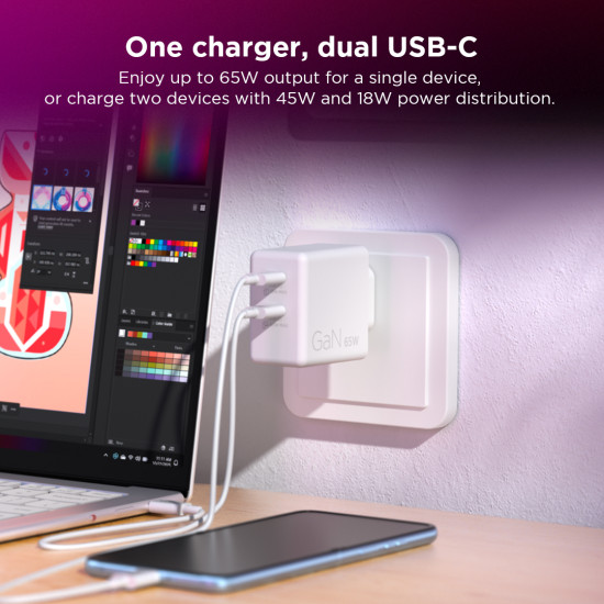 Lenovo Dual USB-C 65W GaN Charger in compact white housing with two USB-C ports and included 1.5m USB-C cable