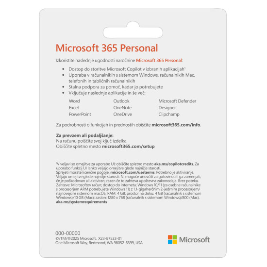 MICROSOFT 365 Personal slovenski FPP 32/64 bit enoletna naročnina 