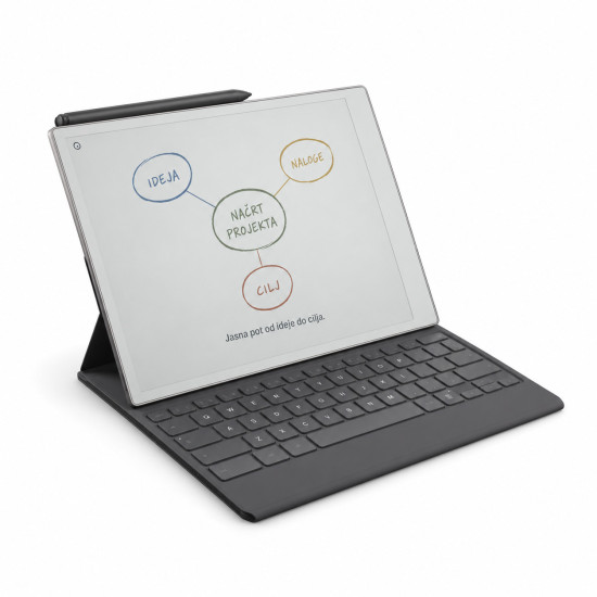 reMarkable Paper Pro digital notebook tablet with Marker Plus stylus and Type Folio UK backlit keyboard folio case, open and ready to use