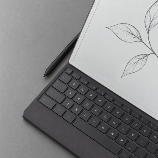 reMarkable Paper Pro digital notebook tablet with Marker Plus stylus and Type Folio UK backlit keyboard folio case, open and ready to use