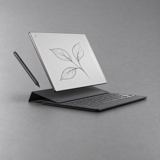 reMarkable Paper Pro digital notebook tablet with Marker Plus stylus and Type Folio UK backlit keyboard folio case, open and ready to use