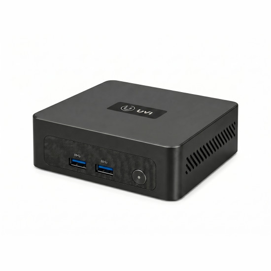 UVI Mini PC R758 compact desktop PC with AMD Ryzen 7 5800U, black casing, small form factor design