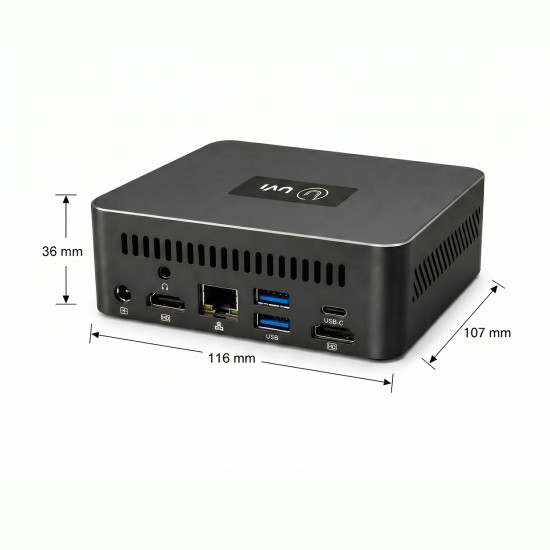 UVI Mini PC R758 compact desktop PC with AMD Ryzen 7 5800U, black casing, small form factor design
