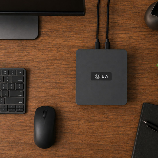 UVI Mini PC R758 compact desktop PC with AMD Ryzen 7 5800U, black casing, small form factor design