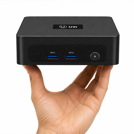 UVI Mini PC R758 compact desktop PC with AMD Ryzen 7 5800U, black casing, small form factor design