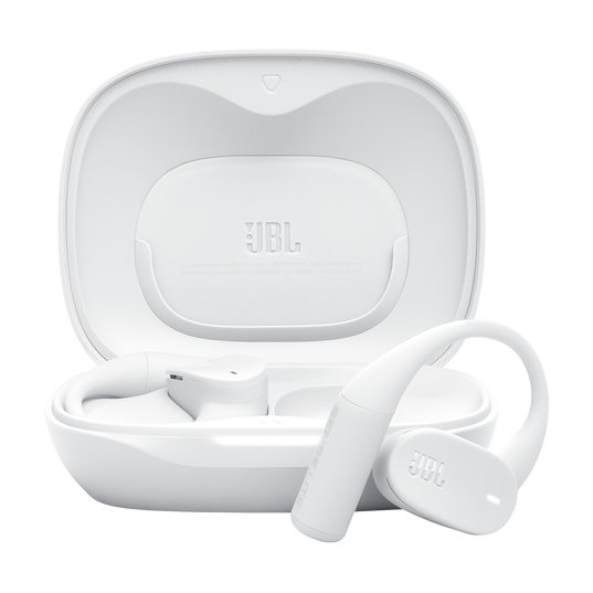 JBL Sense Lite True Wireless bijele bežične slušalice s ušnom kukicom od silikona, prikaz slušalica i kutije