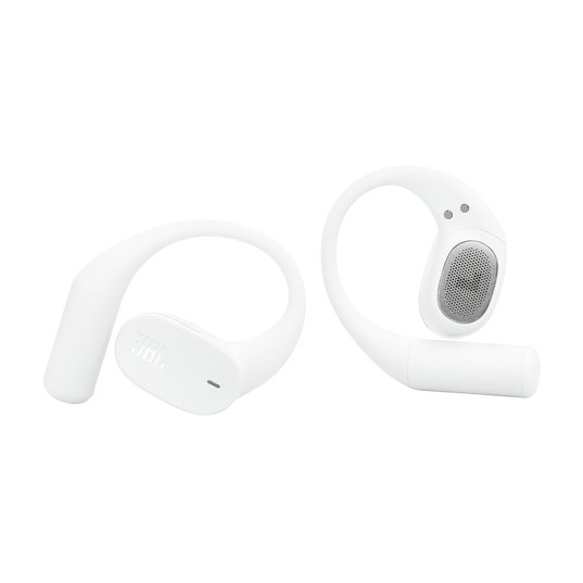 JBL Sense Lite True Wireless bijele bežične slušalice s ušnom kukicom od silikona, prikaz slušalica i kutije