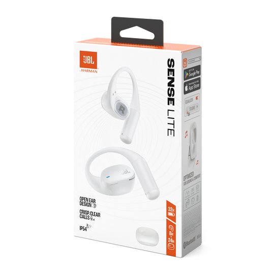 JBL Sense Lite True Wireless bijele bežične slušalice s ušnom kukicom od silikona, prikaz slušalica i kutije