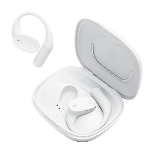 JBL Sense Lite True Wireless bijele bežične slušalice s ušnom kukicom od silikona, prikaz slušalica i kutije
