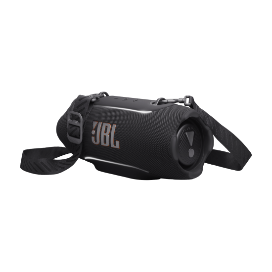 JBL Xtreme 5 portable Bluetooth speaker in black, rugged cylindrical design with fabric grille and carry strap