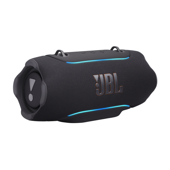JBL Xtreme 5 portable Bluetooth speaker in black, rugged cylindrical design with fabric grille and carry strap