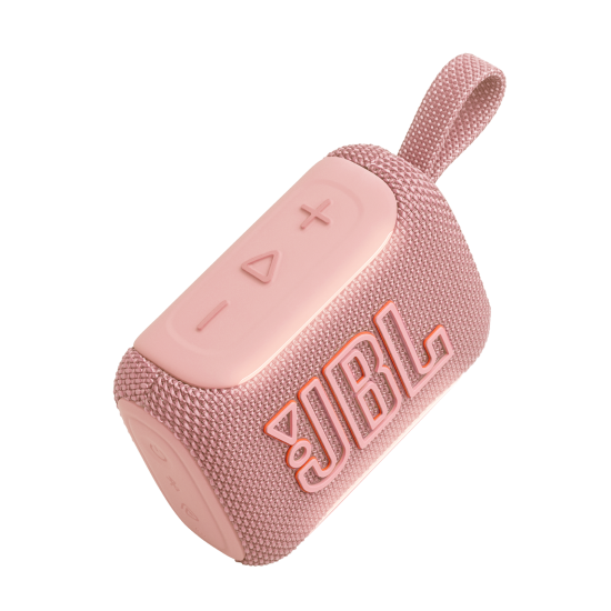 JBL Go 5 portable Bluetooth speaker in pink, compact rounded design with IP68 waterproof housing