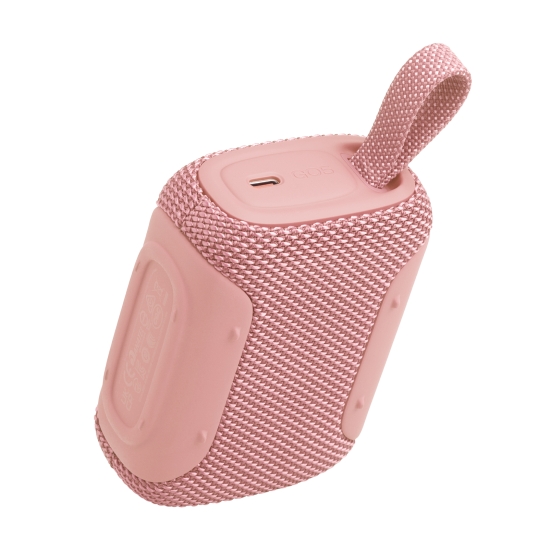 JBL Go 5 portable Bluetooth speaker in pink, compact rounded design with IP68 waterproof housing