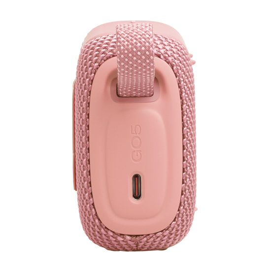 JBL Go 5 portable Bluetooth speaker in pink, compact rounded design with IP68 waterproof housing
