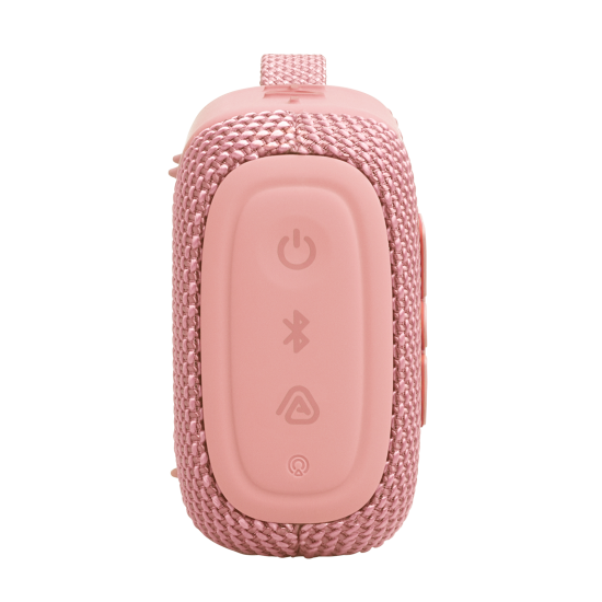 JBL Go 5 portable Bluetooth speaker in pink, compact rounded design with IP68 waterproof housing