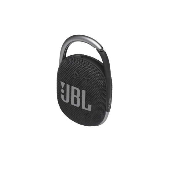 JBL Clip 4 black portable Bluetooth speaker with built-in carabiner clip, compact cylindrical design on white background