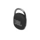 JBL Clip 4 black portable Bluetooth speaker with built-in carabiner clip, compact cylindrical design on white background