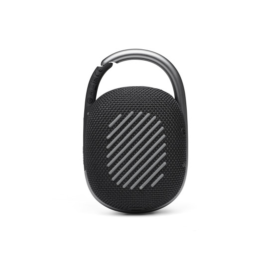 JBL Clip 4 black portable Bluetooth speaker with built-in carabiner clip, compact cylindrical design on white background
