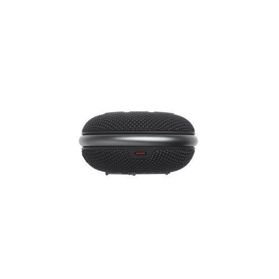 JBL Clip 4 black portable Bluetooth speaker with built-in carabiner clip, compact cylindrical design on white background