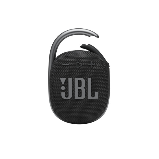 JBL Clip 4 black portable Bluetooth speaker with built-in carabiner clip, compact cylindrical design on white background