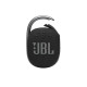 JBL Clip 4 black portable Bluetooth speaker with built-in carabiner clip, compact cylindrical design on white background