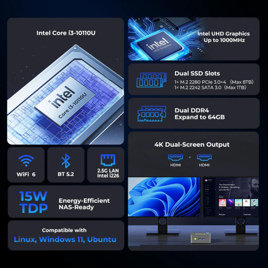 GMKtec G3 Pro Mini PC with Intel i3-10110U processor, 16GB DDR4 RAM and 256GB SSD, small form factor desktop