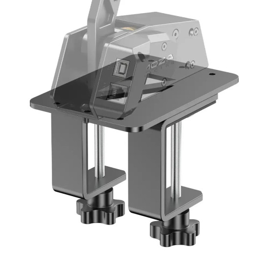 MOZA RS038 table clamp mounted on a desk, securing a sim racing handbrake or shifter with a steel clamping system