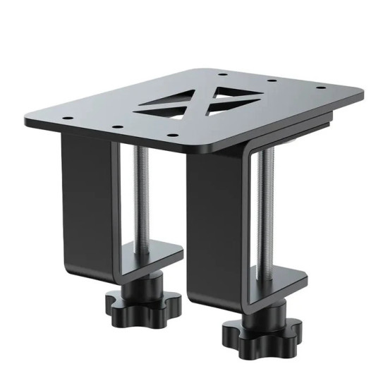 MOZA RS038 table clamp mounted on a desk, securing a sim racing handbrake or shifter with a steel clamping system
