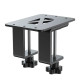 MOZA RS038 table clamp mounted on a desk, securing a sim racing handbrake or shifter with a steel clamping system